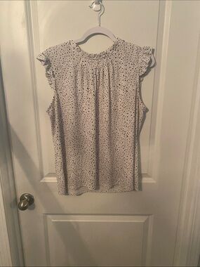 Adrianna Papell White Blouse with Black Dot Ruffle Cap Sleeves